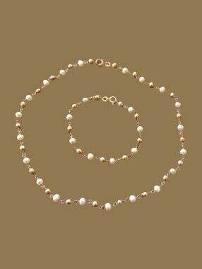 VTG FAS 925 Gold Vermeil Freshwater Pearl Rosary Chain Necklace Bracelet Set